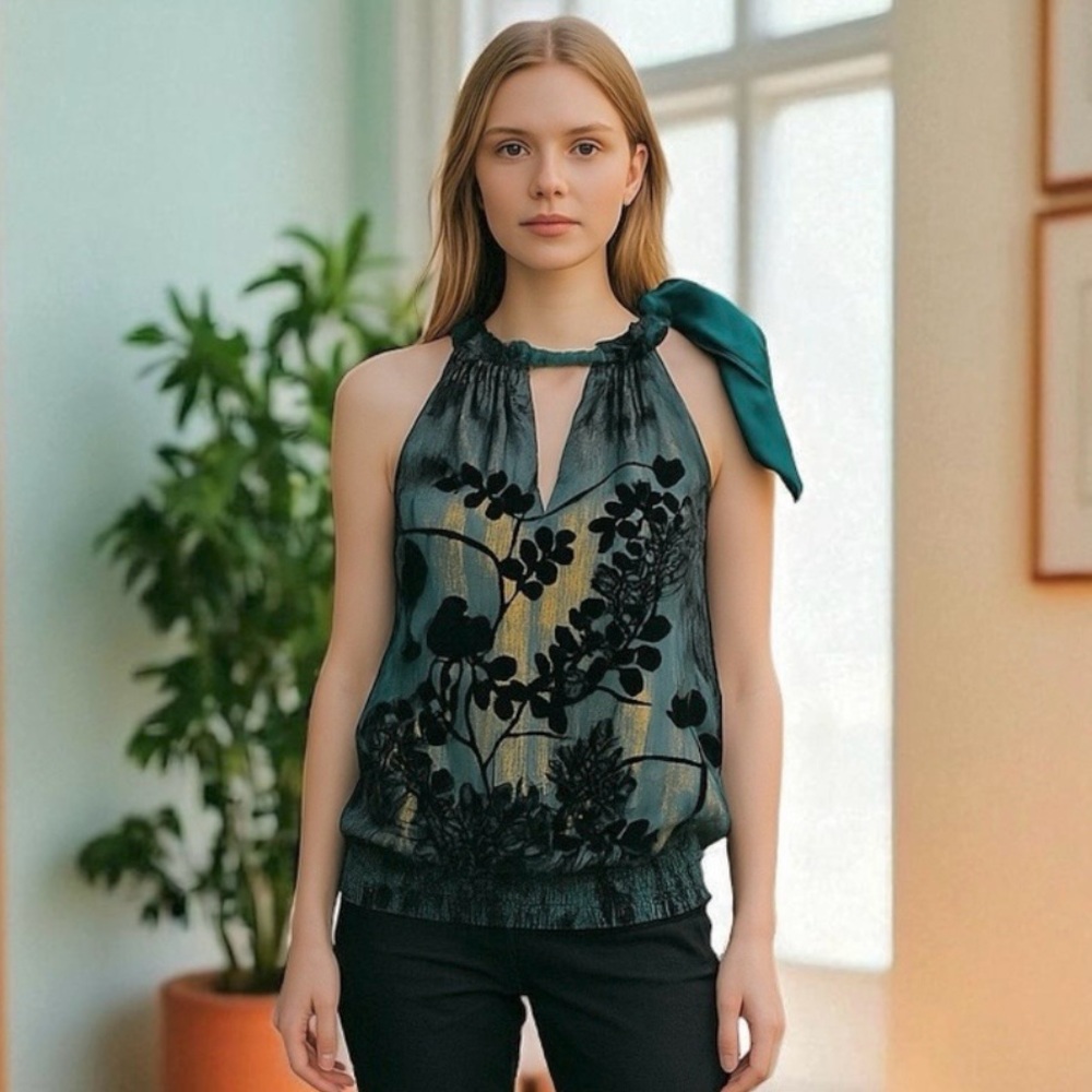 Halo Bob Silk Blend Velvet Vibrant Green Floral Ruffled Sleeveless Halter Blouse